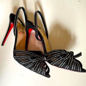 Christian Louboutin Black Araborda 100 Crystal Suede Bow Mesh Heel Sandals 35.5